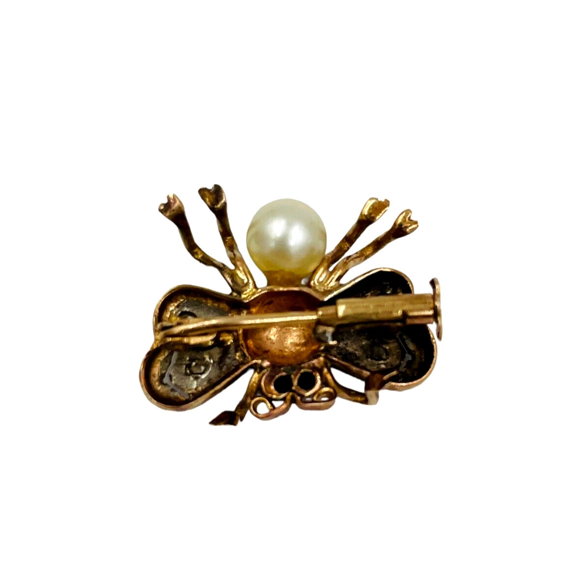 Victorian 18K Yellow Gold Fly Rose cut diamond brooch pin Ruby Pearl