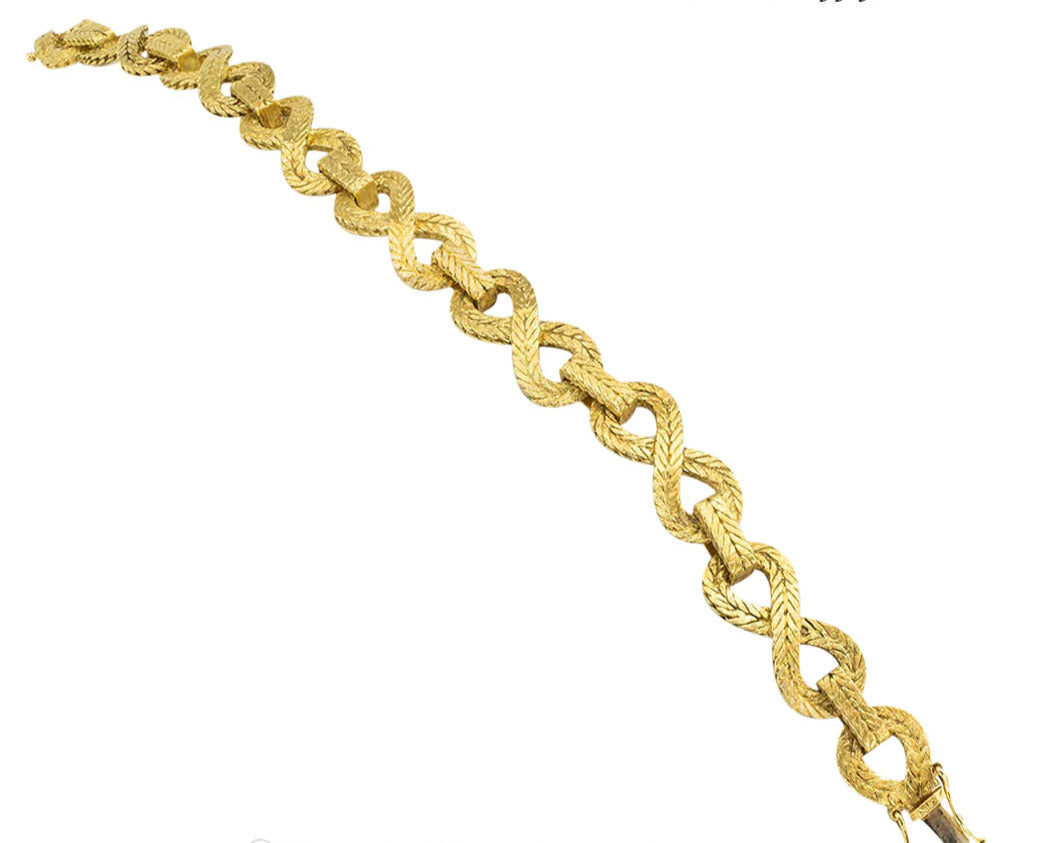 18k Engraved Herringbone Pattern Infinite link Yellow Gold Link Bracelet