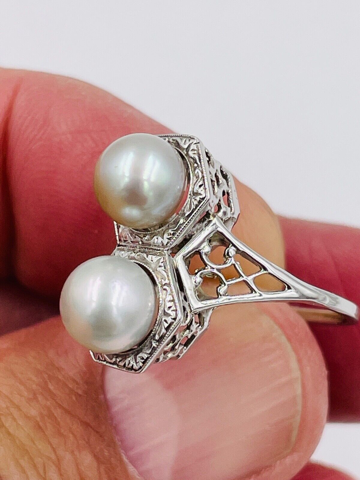 Vintage 14K White Gold Filigree double Pearl Ring Art Deco