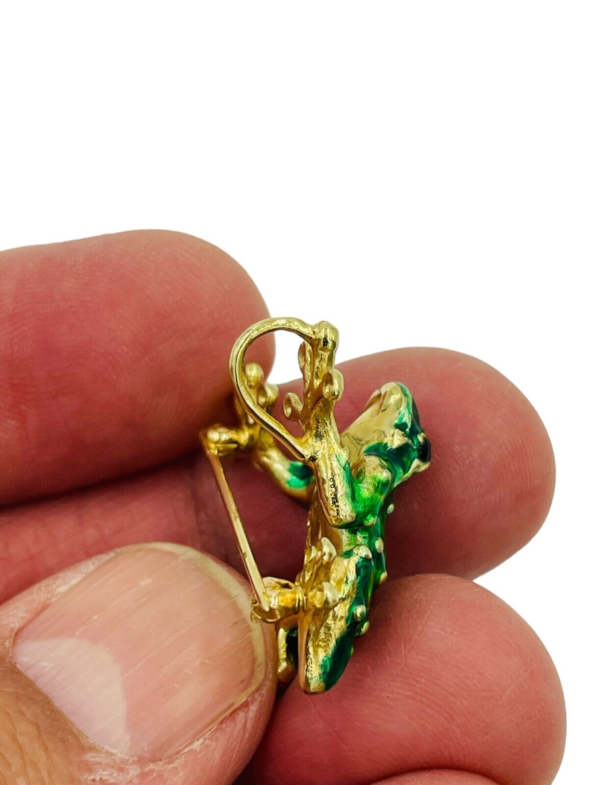 Vintage Green Frog Brooch Pin Pendant 14K Yellow Gold Enamel