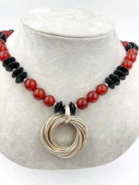 Vintage Onyx And Carnelian bead deco style Necklace sterling multi rings 20"
