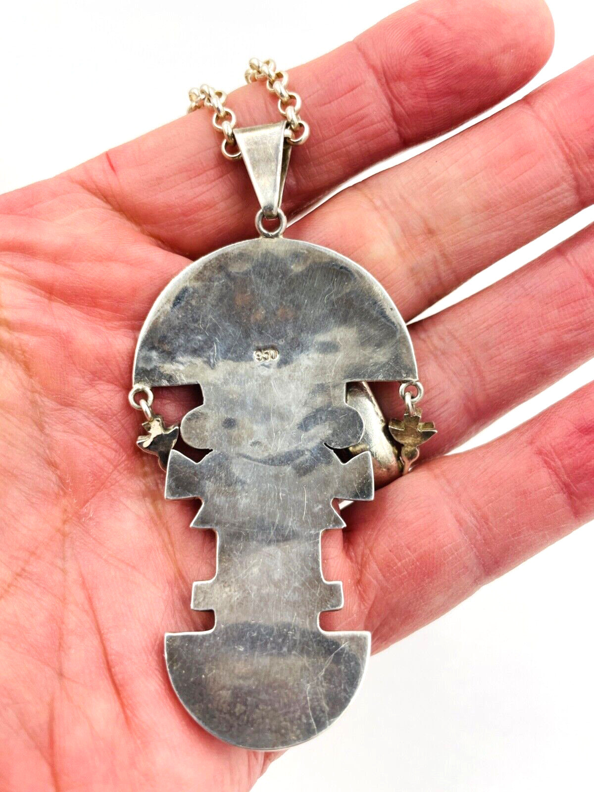 Vintage Peruvian Inca Tumi God Knife Pin Pendant Necklace 950 Silver