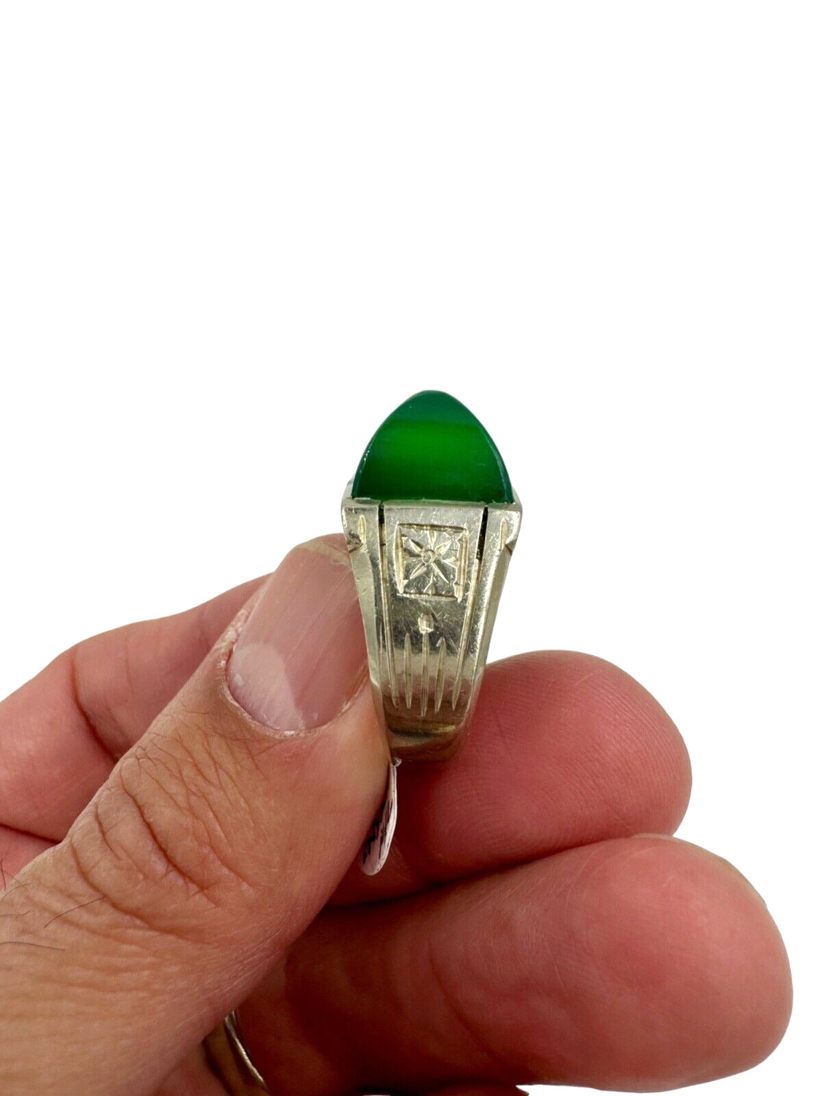 Art Deco 14k White Gold Green Sugerloaf Onyx Men's Ring