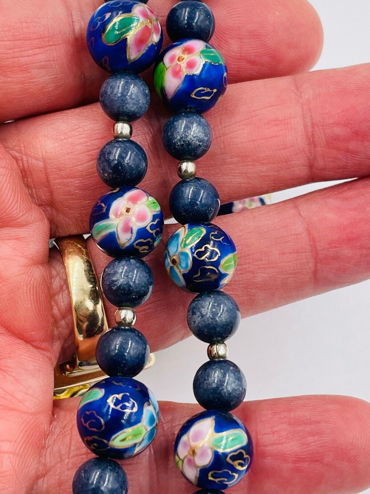 Estate Vintage Stunning Huge Cloisonne Enamel Gold Flowers Round Bead Bracelet