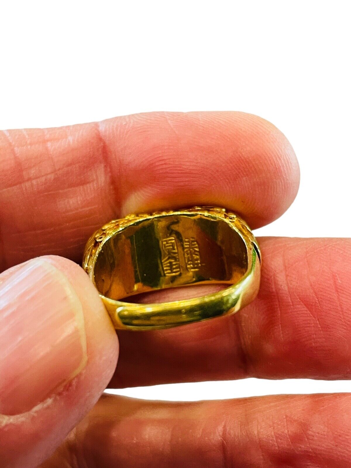 Men's Antique Yellow Gold Jade Solitaire Ring 22k Saddle East-West