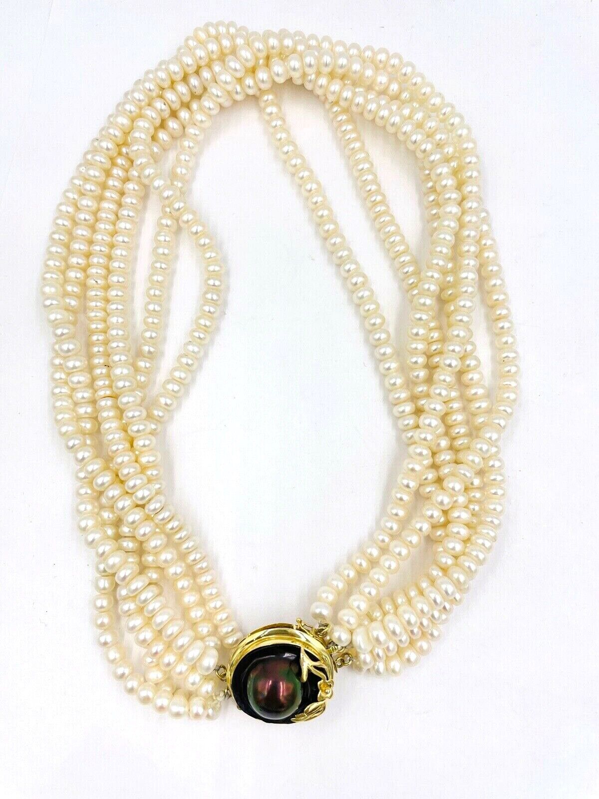 14k gold Multi Strand Pearl Choker Necklace large blister pearl clasp 16"