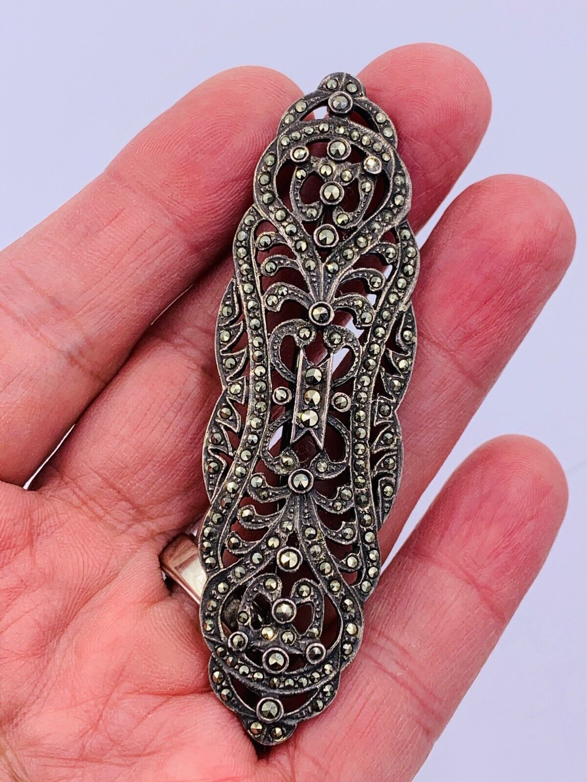 Vintage Art Deco Sterling Silver Marcasite Brooch Pin open work