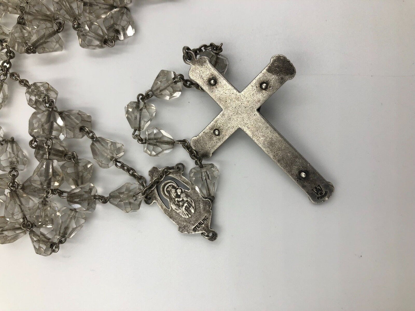 Antique Sterling Silver Religious Catholic Faceted Crystal Glass Bead Rosary