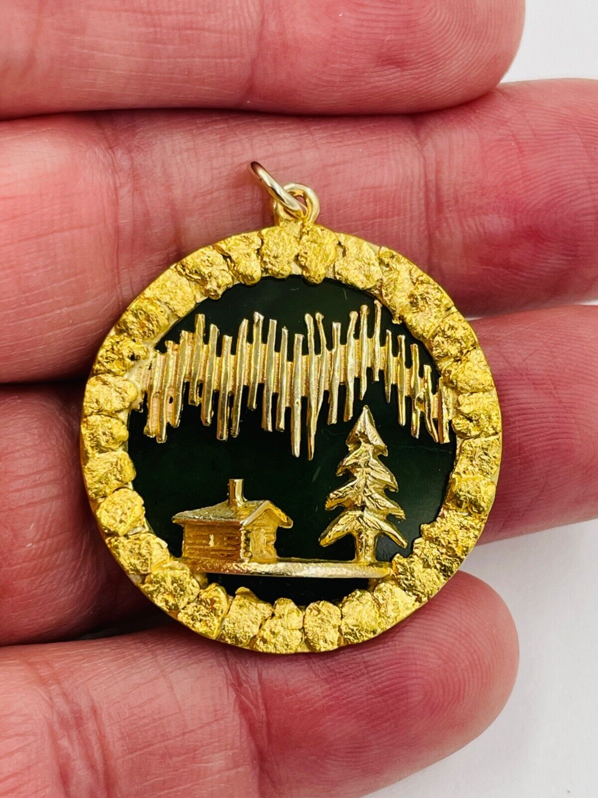 10k Yellow Gold Natural Jade Alaskan Gold Nugget Cabin Pendant Necklace