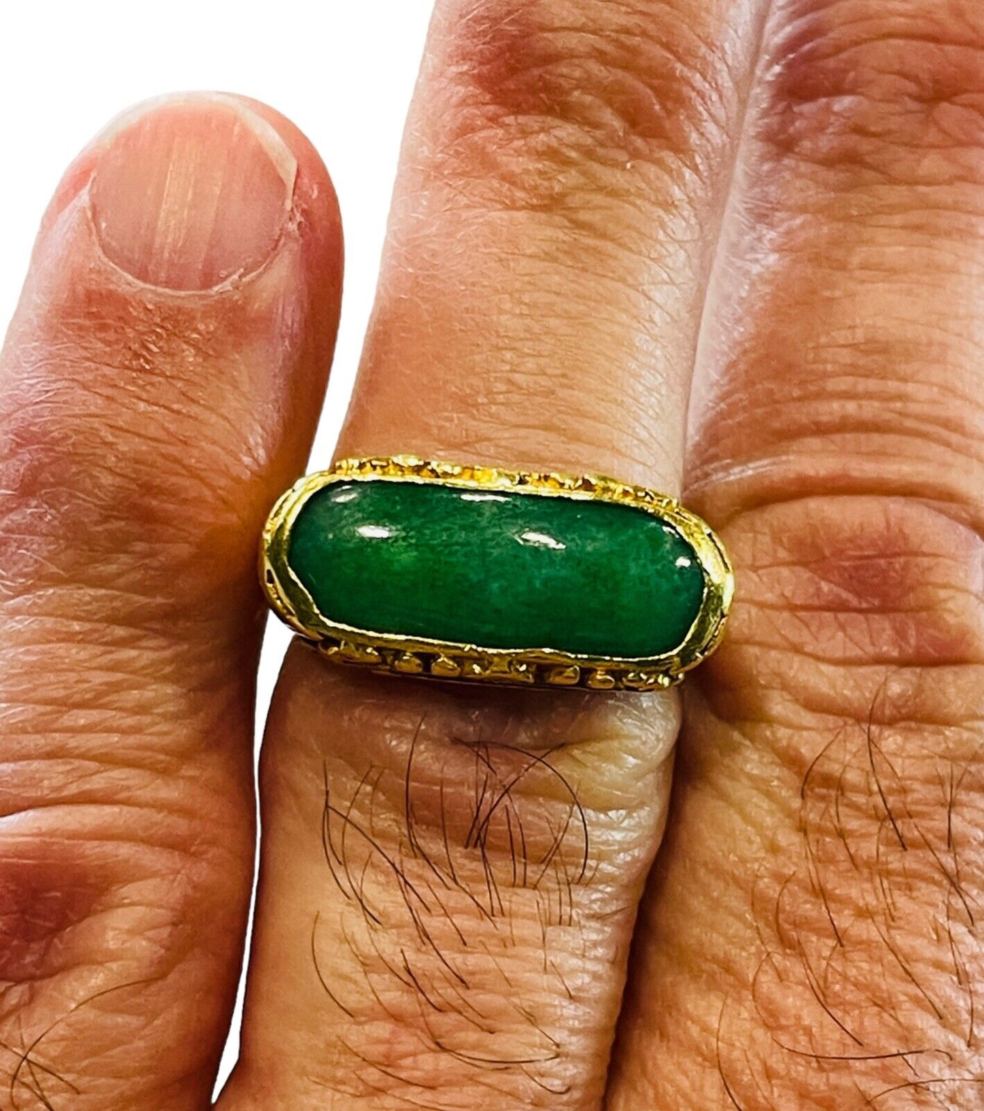 Men's Antique Yellow Gold Jade Solitaire Ring 22k Saddle East-West