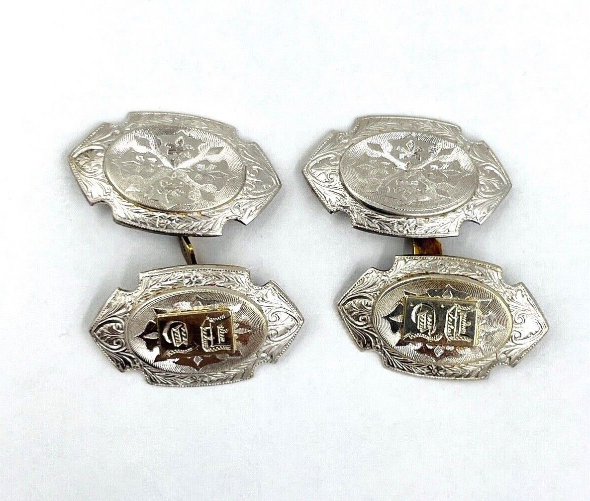 Edwardian Platinum on 14k Yellow Gold Cufflinks hand etched