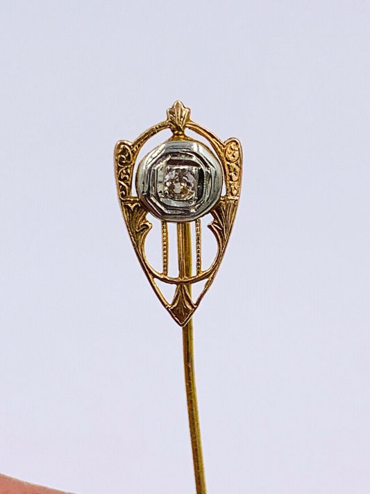 Art Nouveau 10K Rose Gold .08ct rose cut Diamond Lapel Pin stick hat pin