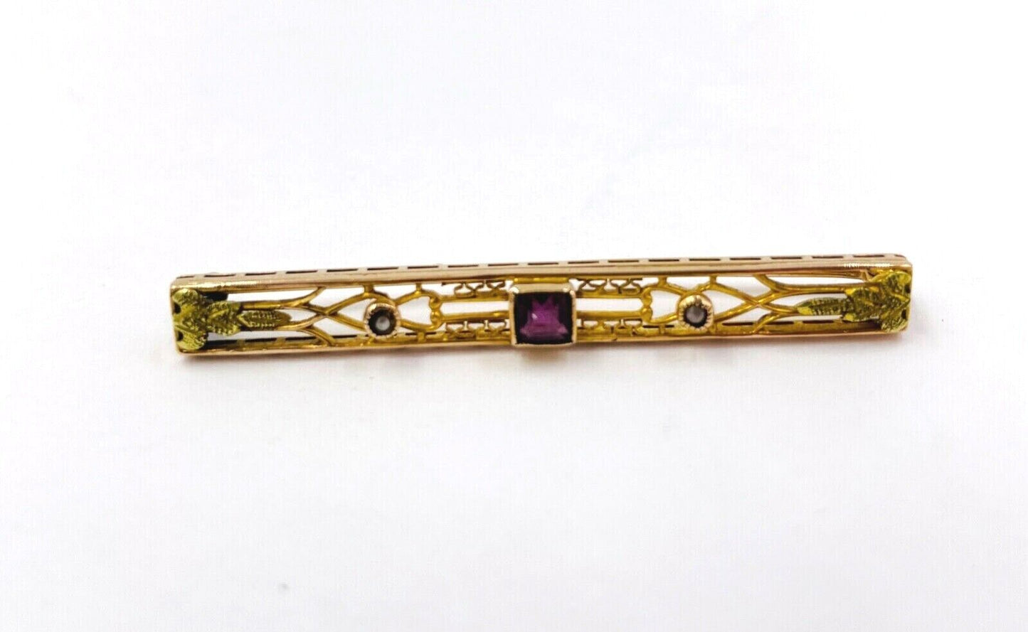 Art Nouveau 14k Yellow Gold Amethyst and pearl Brooch Pin Bar