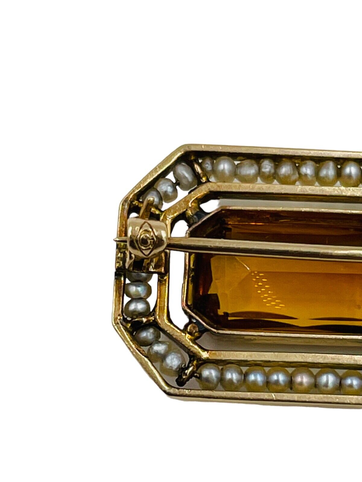 Victorian 10k Yellow Gold Citrine color stone Pin Brooch Seed Pearl