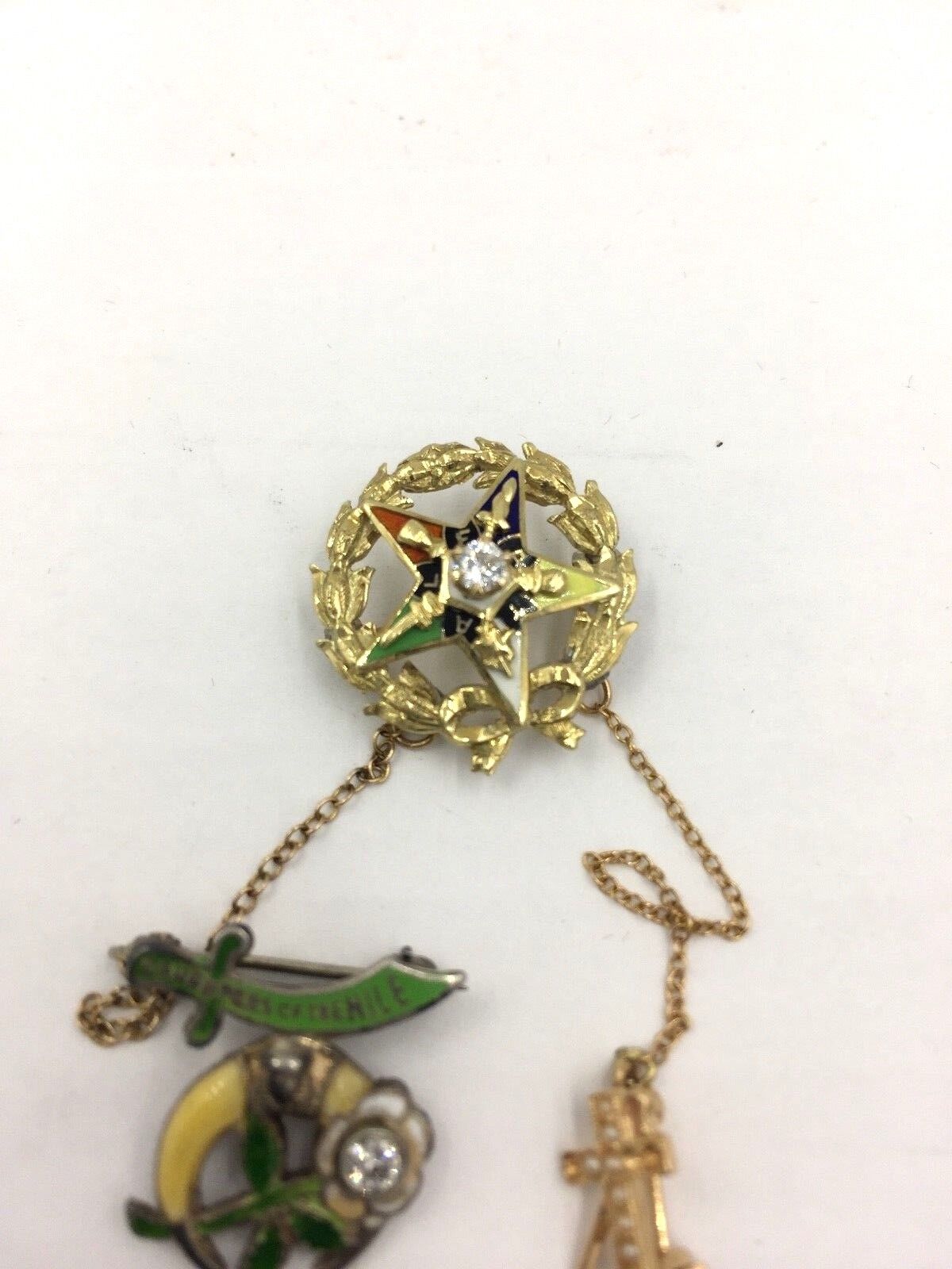 Vintage Masonic Eastern Star Enamel Diamond Pin in 14K Yellow Gold