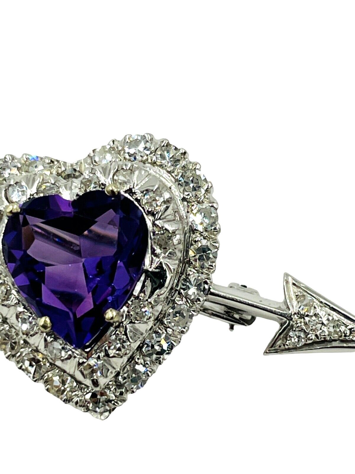 Estate Heart Amethyst Diamond Brooch Pin 14K White Gold Mid Century