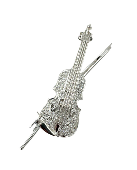Estate 18K White Gold Diamond Violin brooch pin .45cts VS
