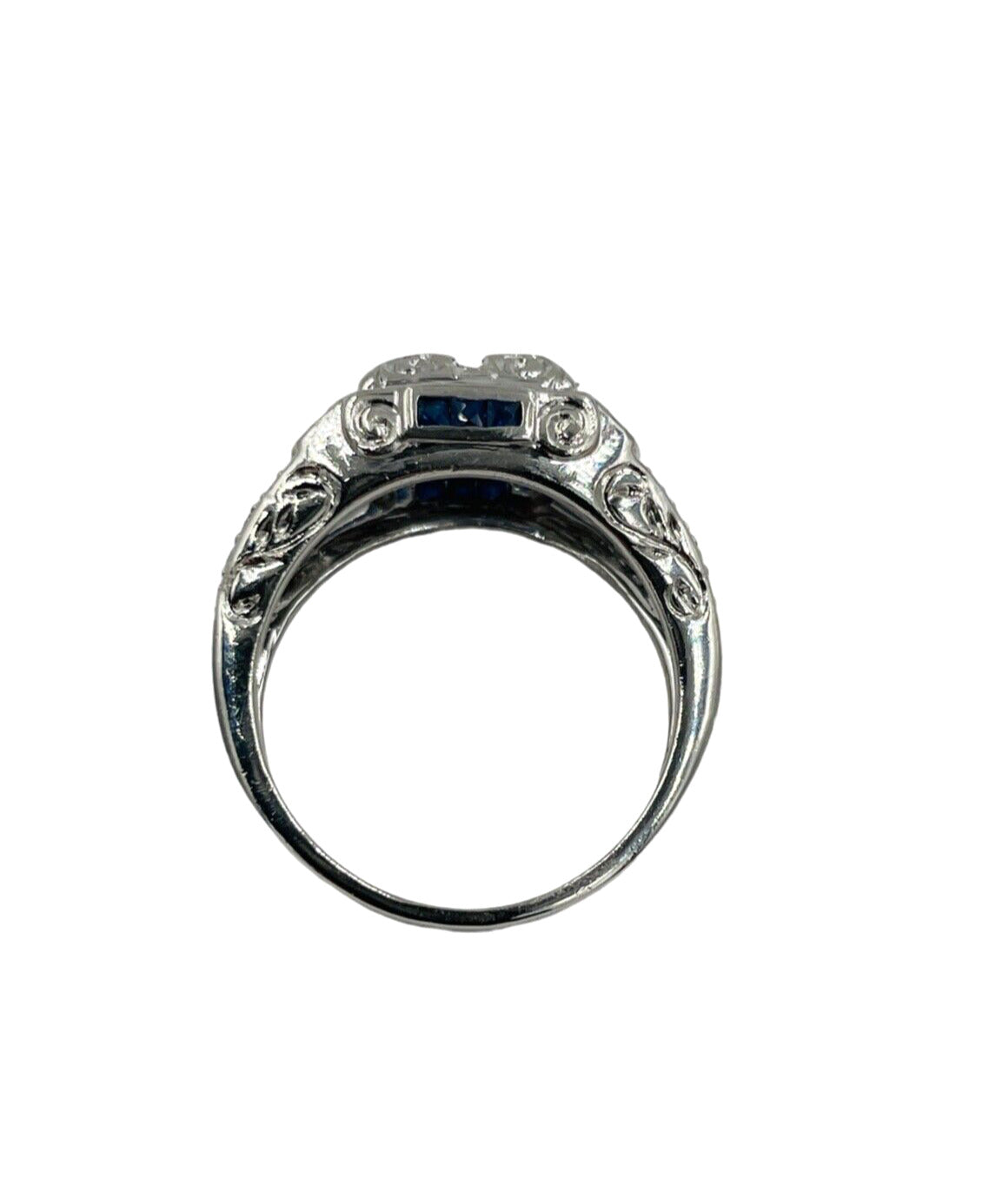 Vintage Platinum Sapphire Diamond Hand etches Ring