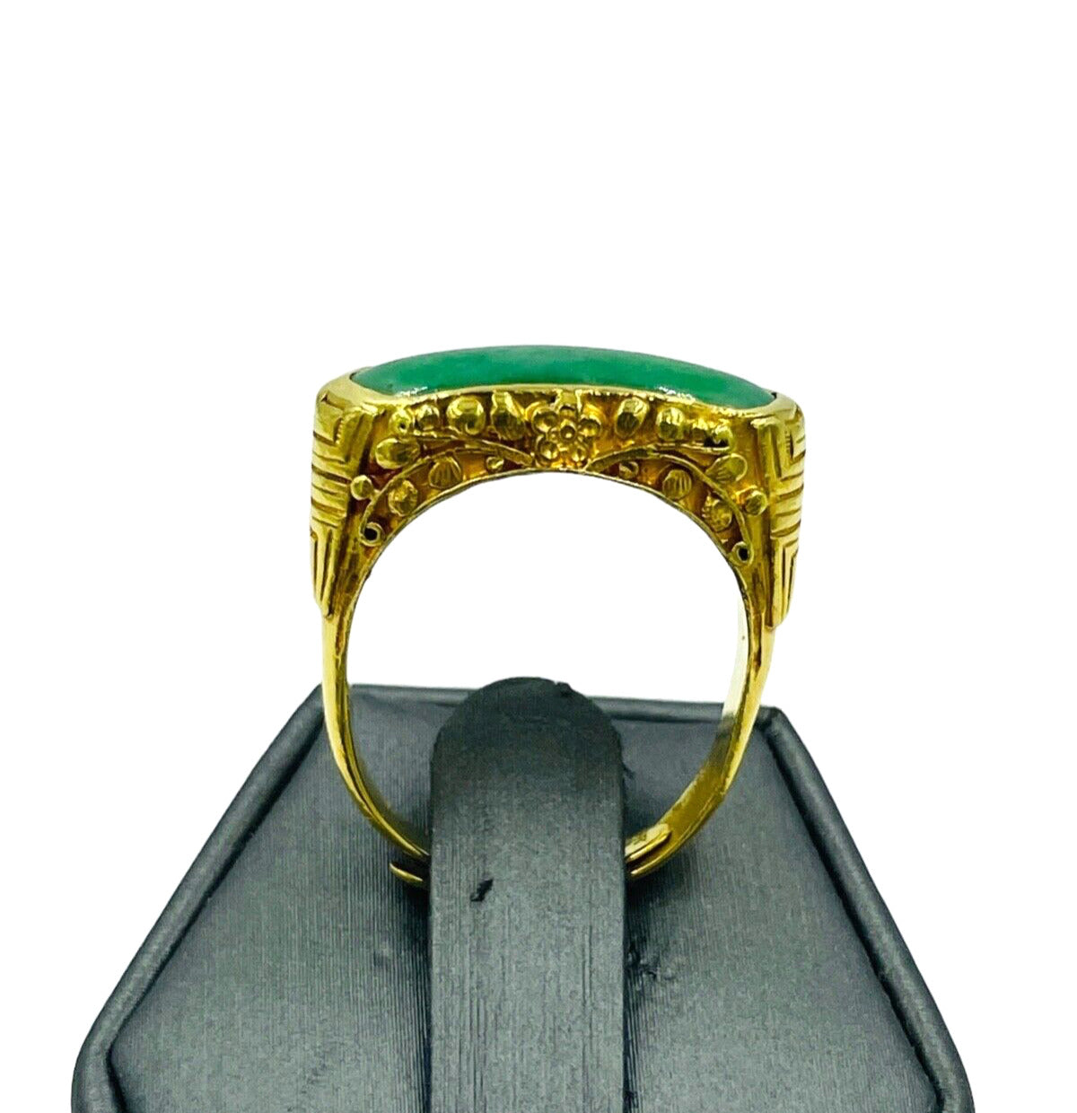 Men's Antique Yellow Gold Jade Solitaire Ring 22k Saddle East-West