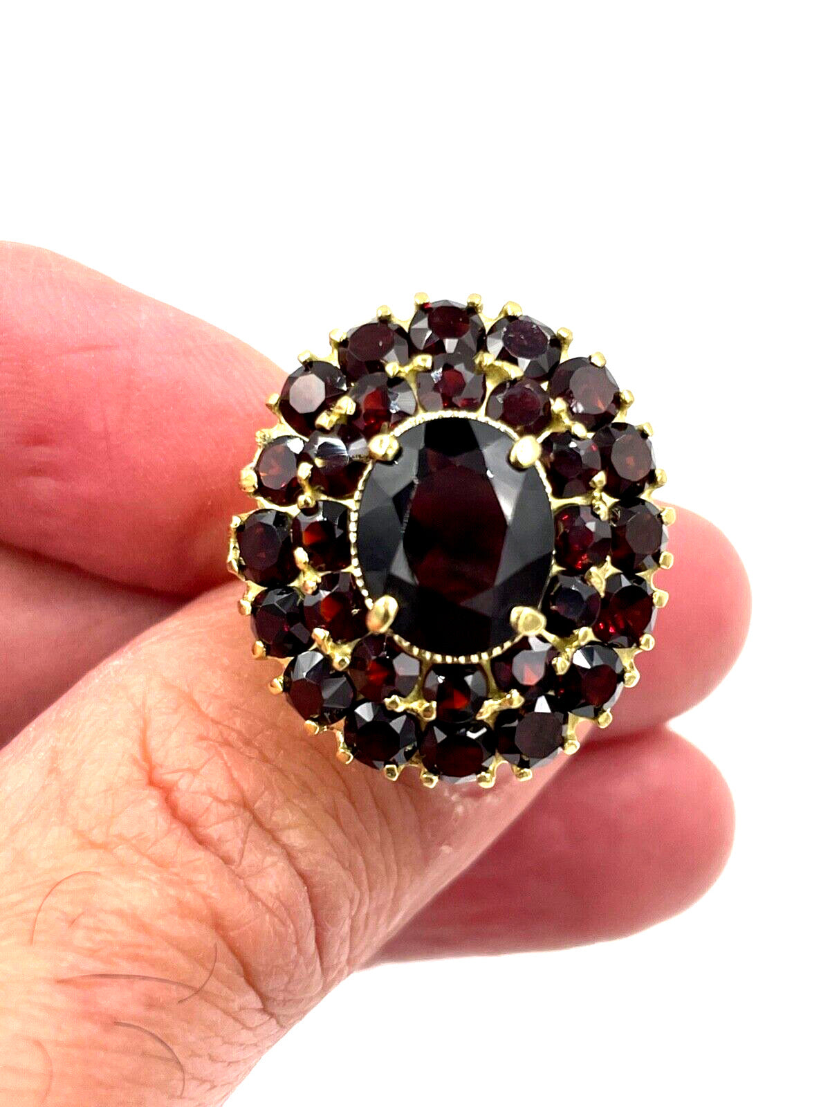Estate 18k Yellow gold Garnet Cluster ring Mid Century Italy Cocktail Ring