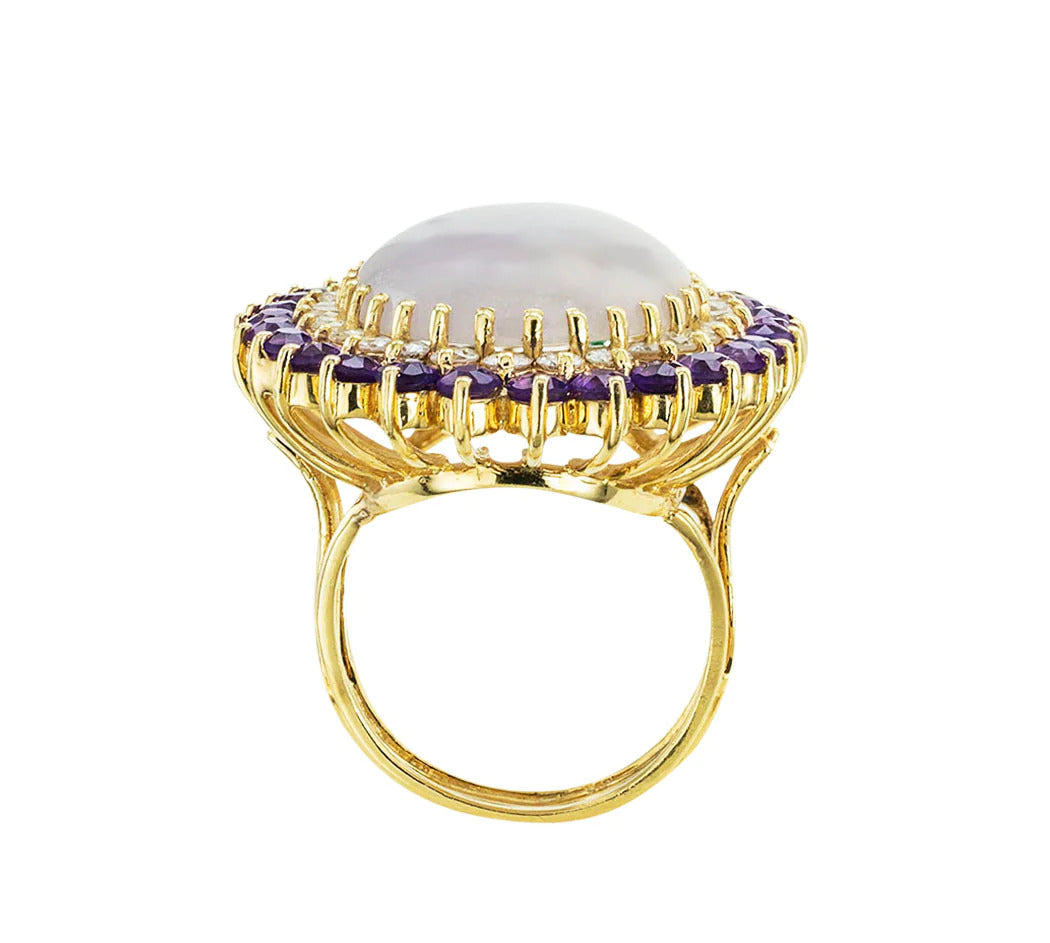 Lavender Jade Amethyst Diamonds 14k Yellow Gold Cocktail Ring