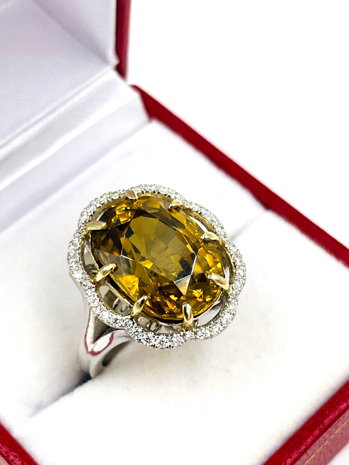 Stunning 12.4cts Natural Yellow Zircon diamond halo Cocktail ring White Gold