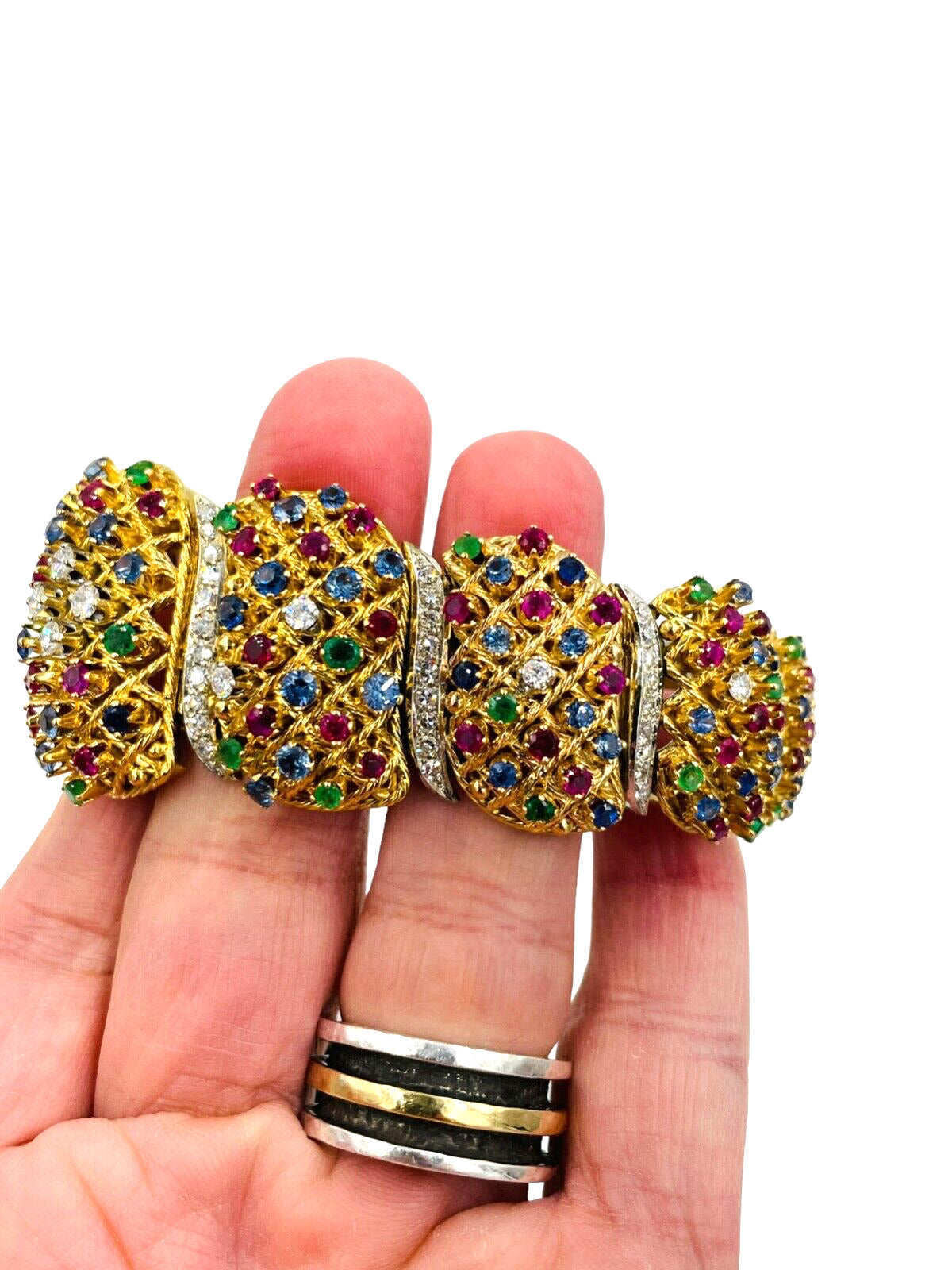 Estate 18k Gold Multi Gemstone and Diamond Bracelet Chunky 135 grams