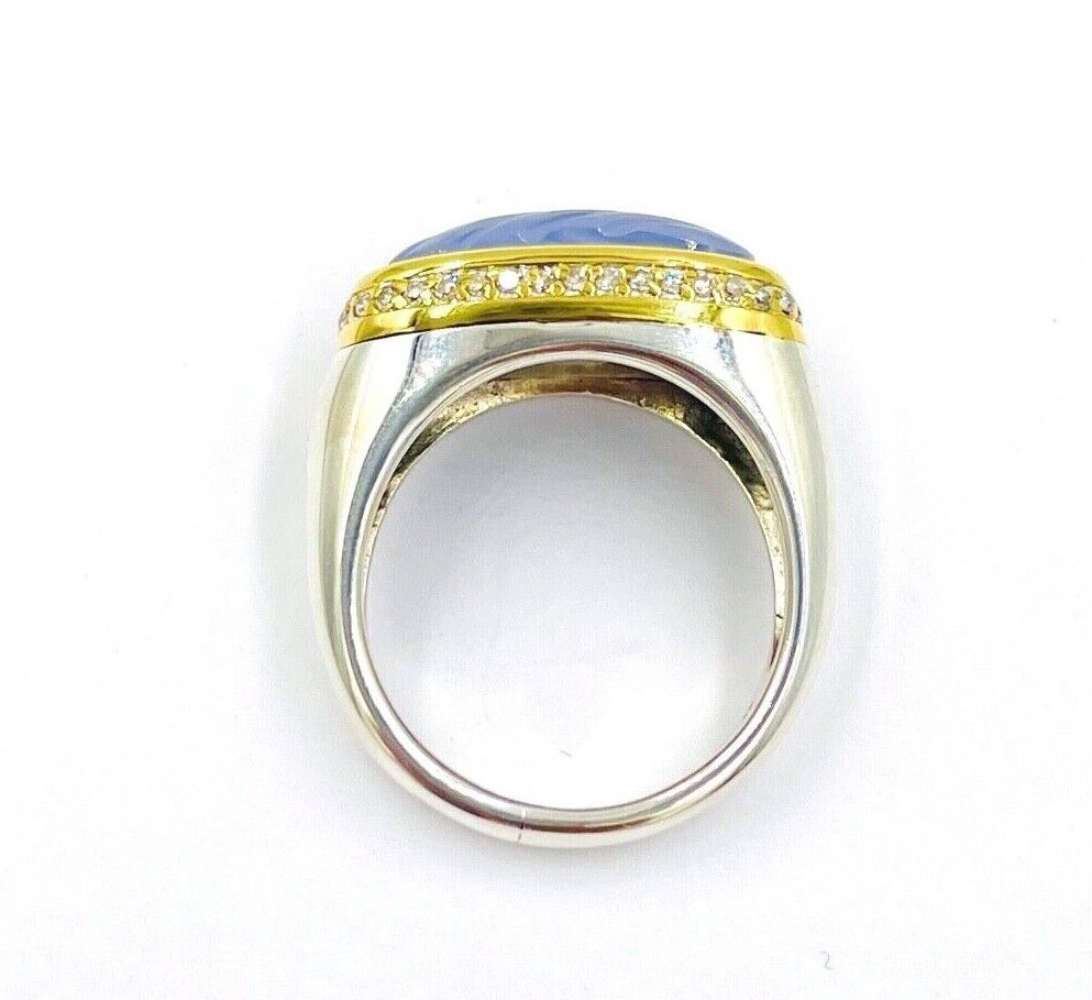 DAVID YURMAN 750 18k Gold 925 Sterling Silver Chervon Chalcedony Diamond Ring
