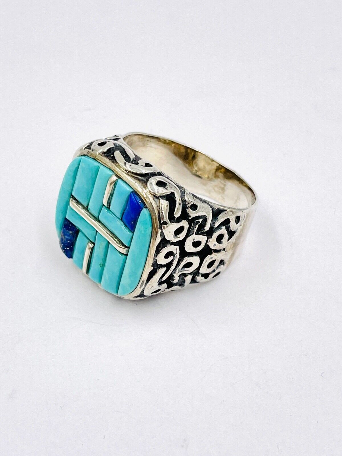 Native American Myra Nastacio Zuni Tribe Sterling Silver Turquois Inlay Ring 69