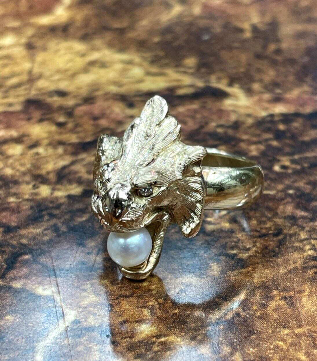 Antique 14k Yellow Gold Lion Dragon Ring with diamond eyes and Pearl