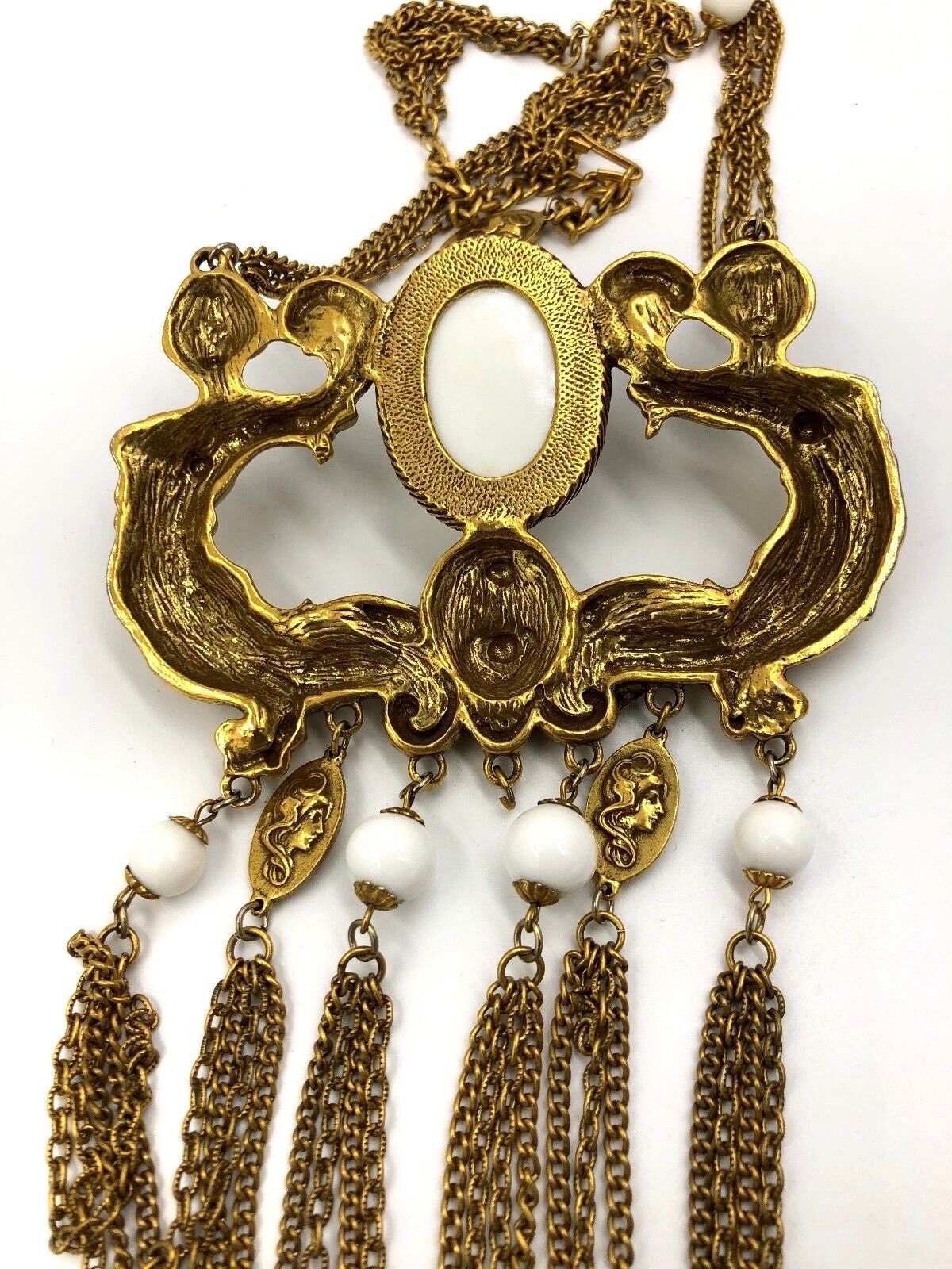 Art Nouveau Brass Lady Statement Necklace plaque Huge 26"