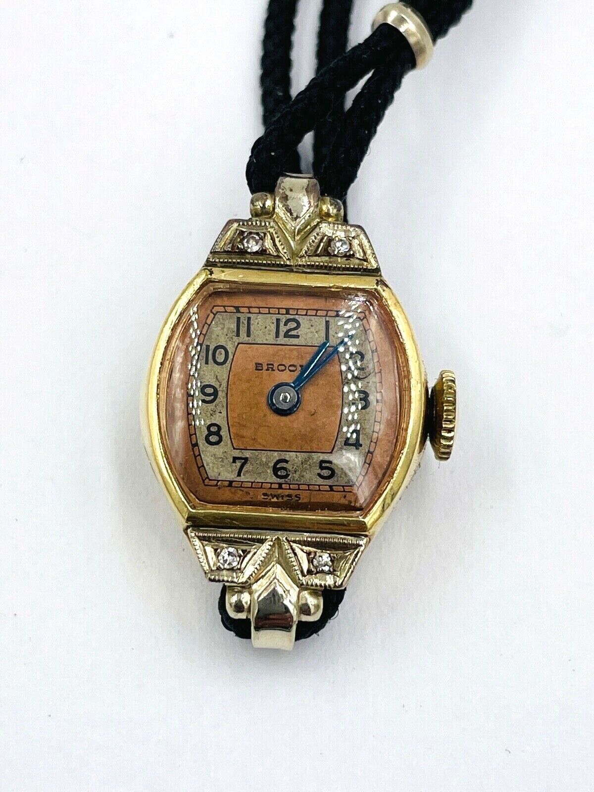 Art Deco Helbros Brooks 14k gold watch with Diamonds working