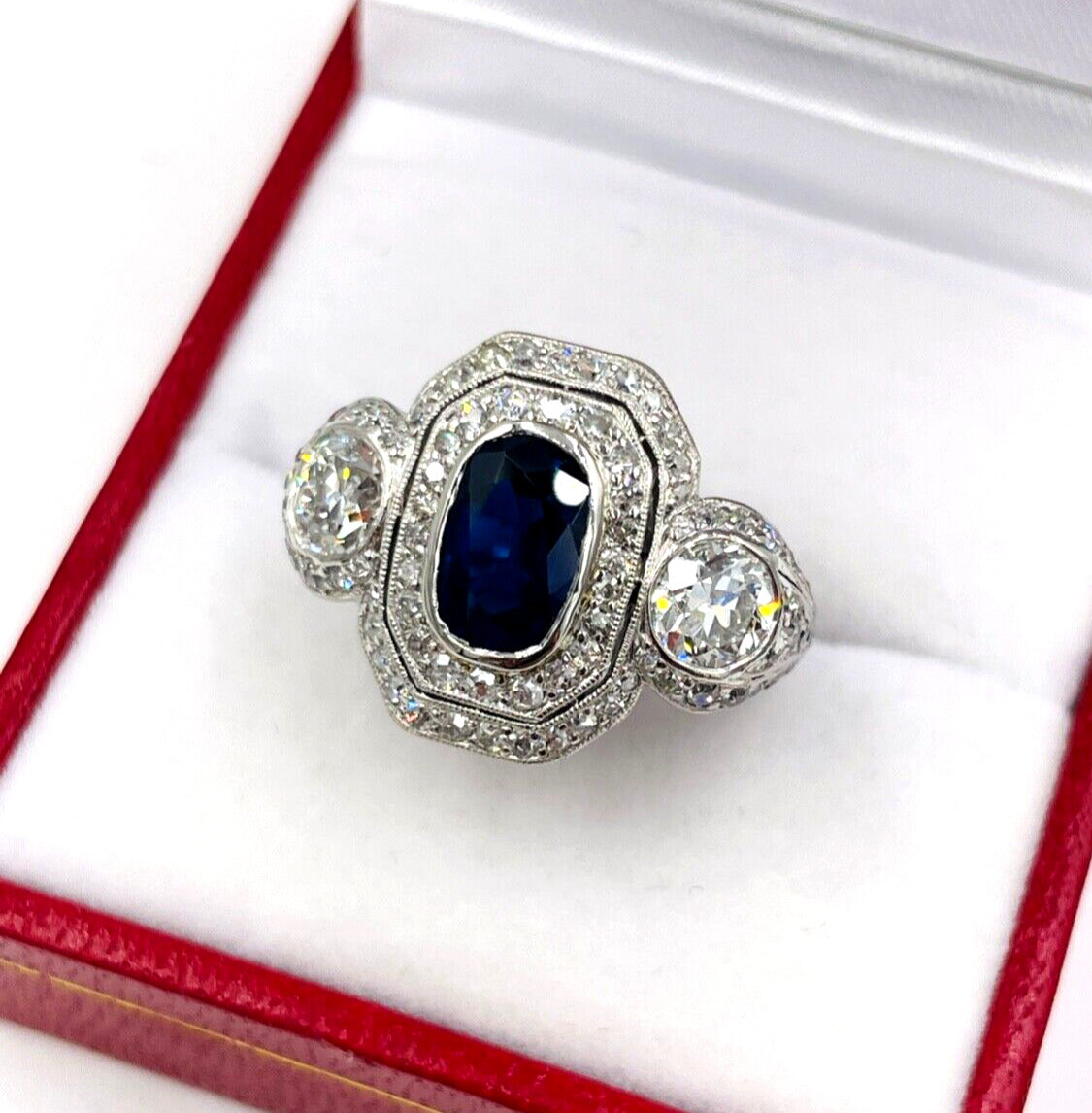 Edwardian Platinum Sapphire Diamond Engagement Ring GIA