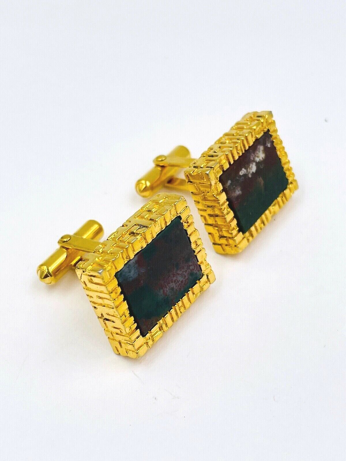 Vintage Destino Austria Chunky blood Stone Cufflinks Cuff Links Gold Tone