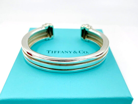 Tiffany & Co. Sterling Silver Cuff Open Bracelet 1995 Atlas Grooved Lined
