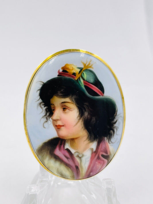 Antique Vintage 18k Yellow Gold Painted Porcelain Oval Pendant Pin Brooch
