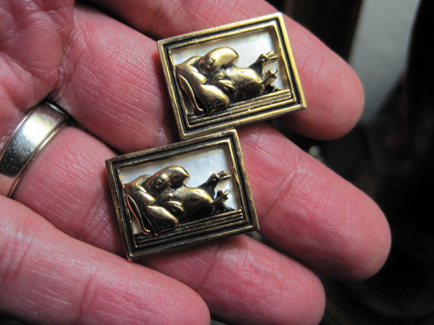Vintage Swank Cufflinks Whimsical Toucan Mother of pearl Gold shadow box Rare