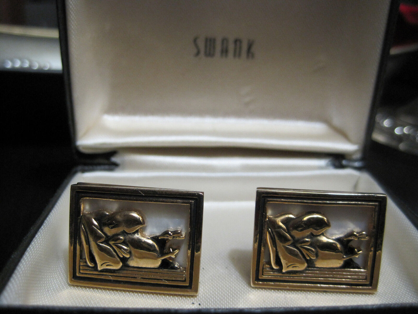 Vintage Swank Cufflinks Whimsical Toucan Mother of pearl Gold shadow box Rare