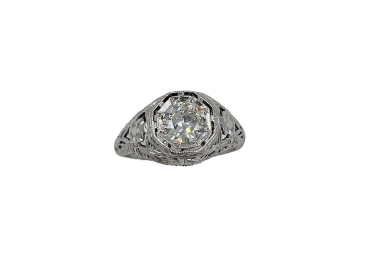 Art Deco 14K White Gold .70ct Old Euro Diamond Filigree Ring