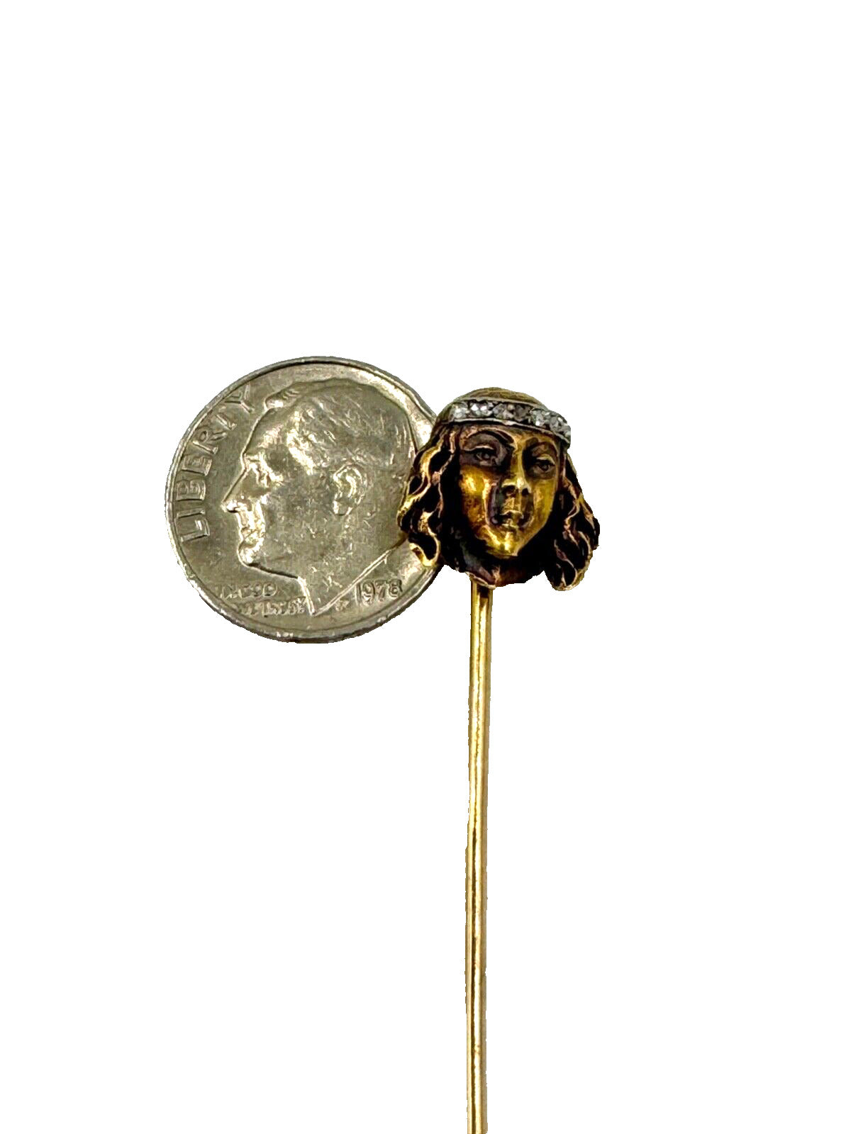 18k gold Art Nouveau Lady stick pin with Rose Cut Diamonds