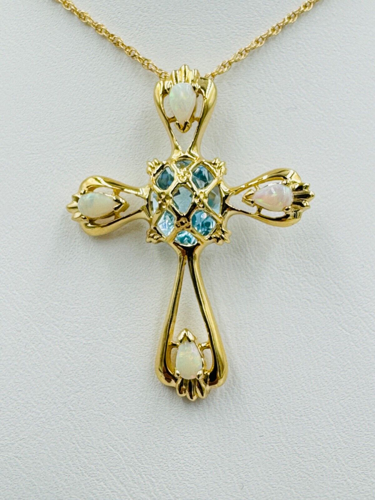 Estate 14k yellow gold Opal Topaz Cross Necklace Pendant