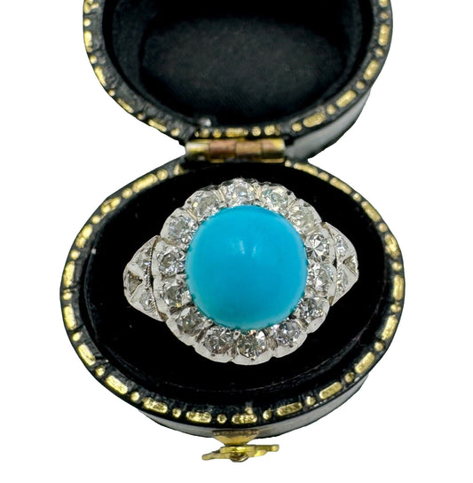 Mid Century Platinum Turquoise  and Rose Cut Diamond Halo Ring