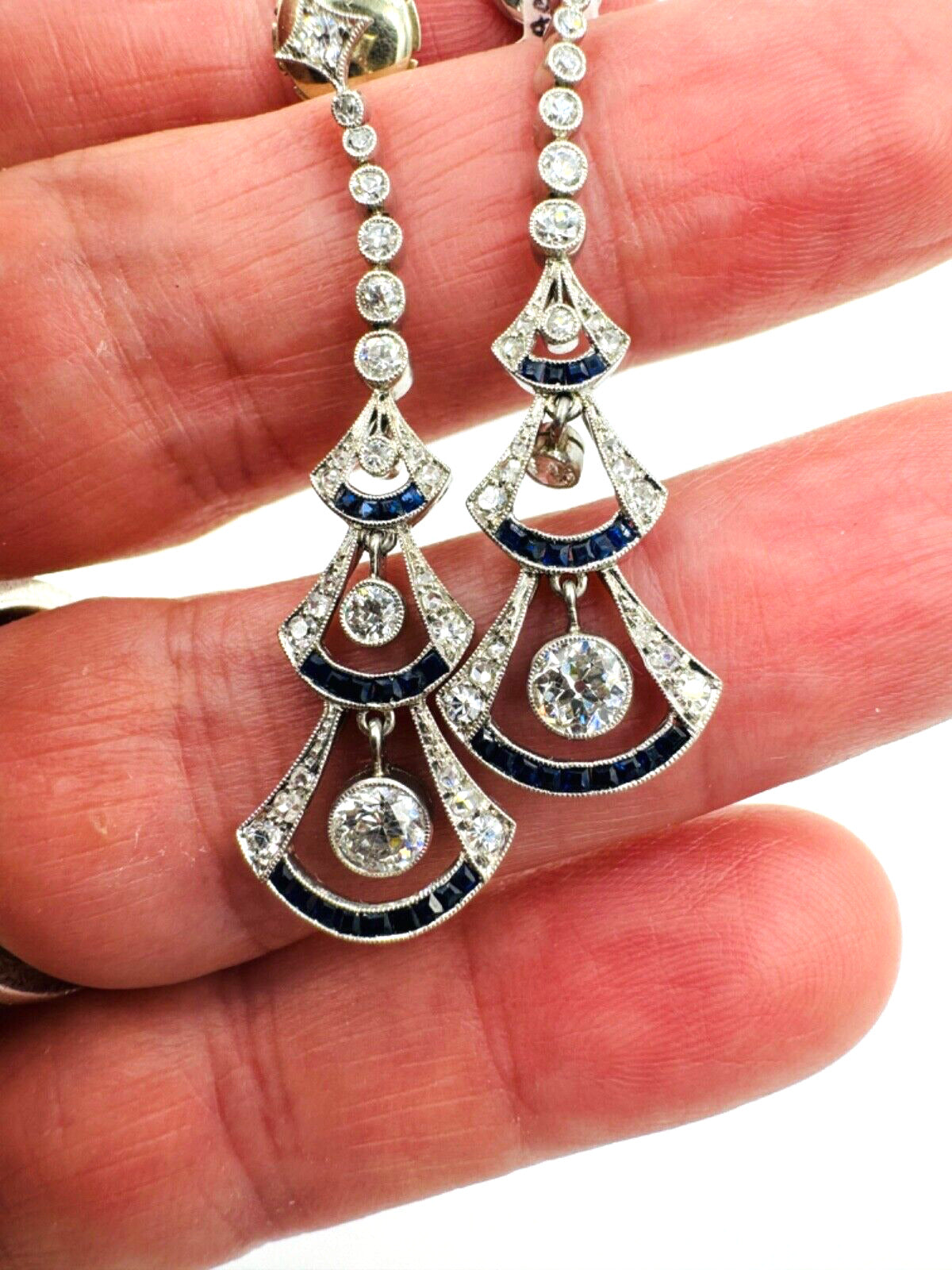 Art Deco Diamond Sapphire Platinum Dangling Earrings