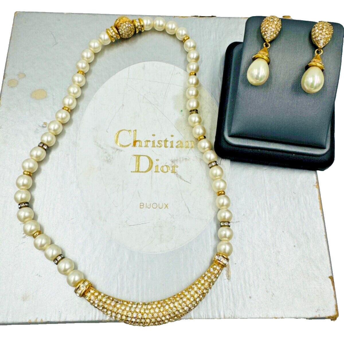 Christian Dior GROSSE Faux Pearl and Rhinstone Choker Dangle Earrings Set