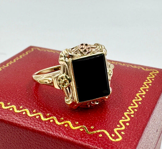 Art Deco 10K Tri Color Gold Onyx Ring