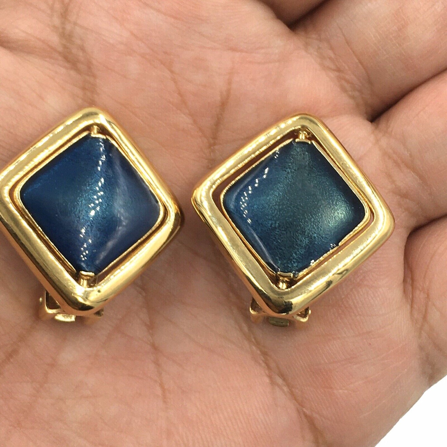 Vintage KJL Kenneth Jay Lane Reversible Black Blue Gold Tone Clip On Earrings