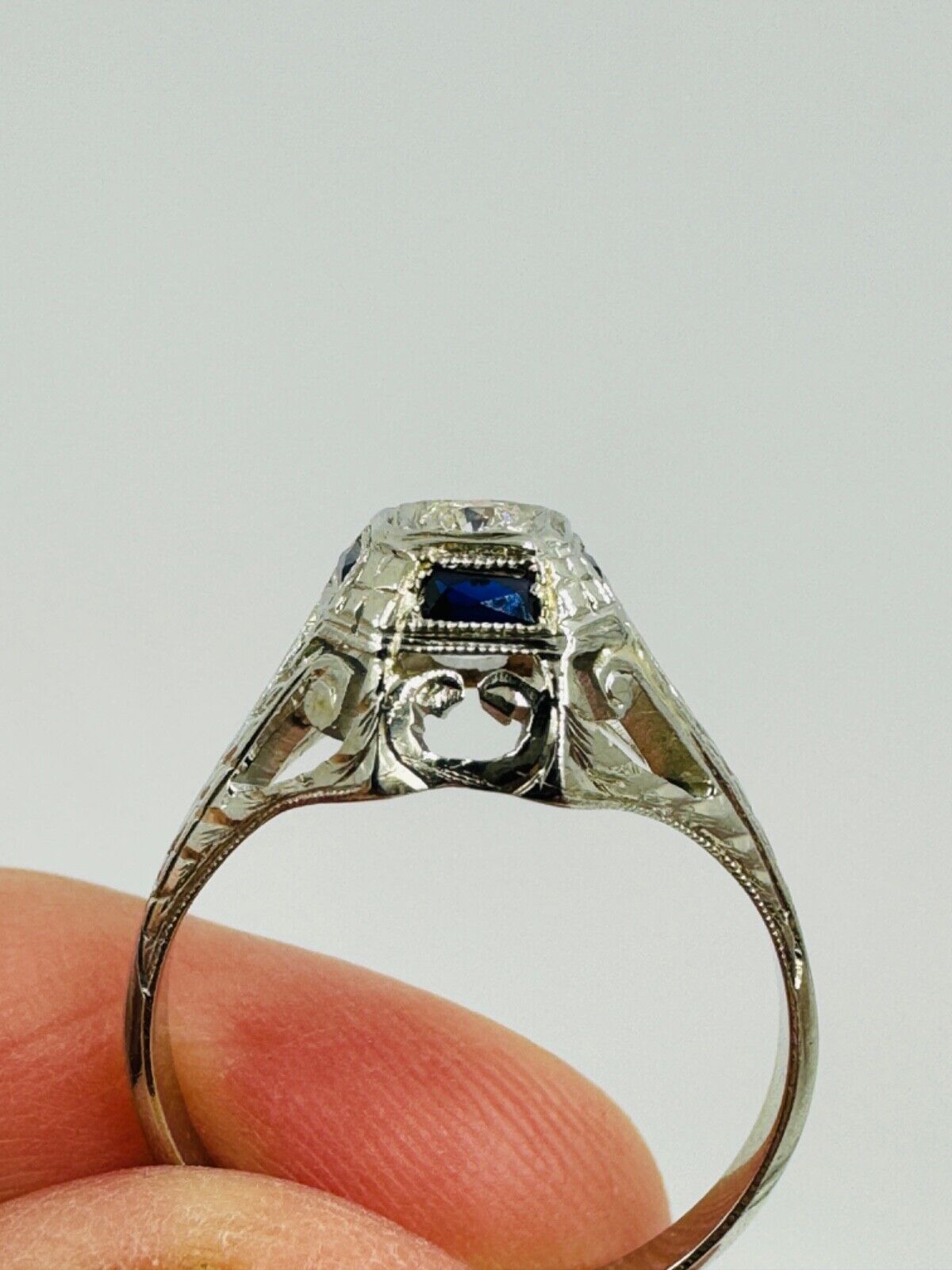 Art Deco 18K Gold Diamond and Sapphire Hand Etched Ring