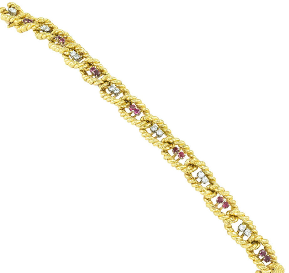 Estate 18k Gold Ruby and Diamond bracelet 7" long