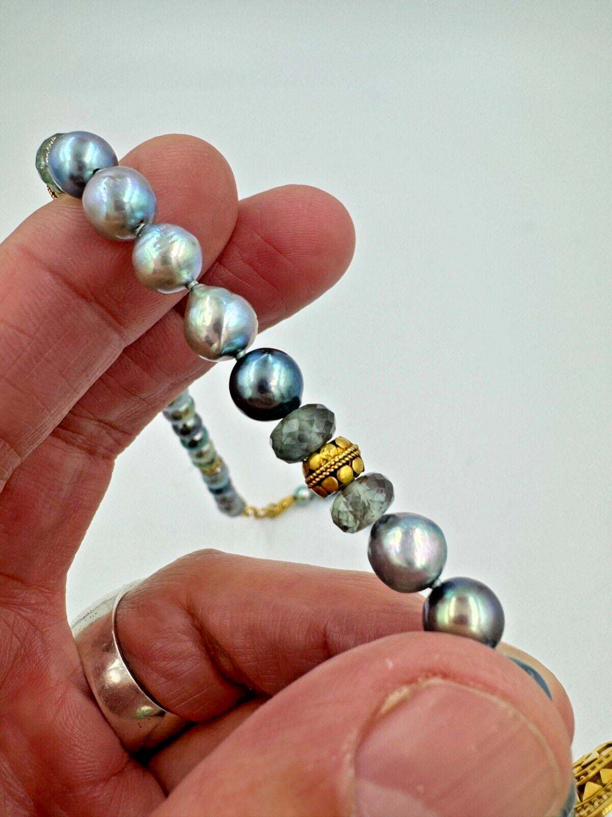 21k gold blue Pearl Strand Necklace with Gold Quartz Spacers