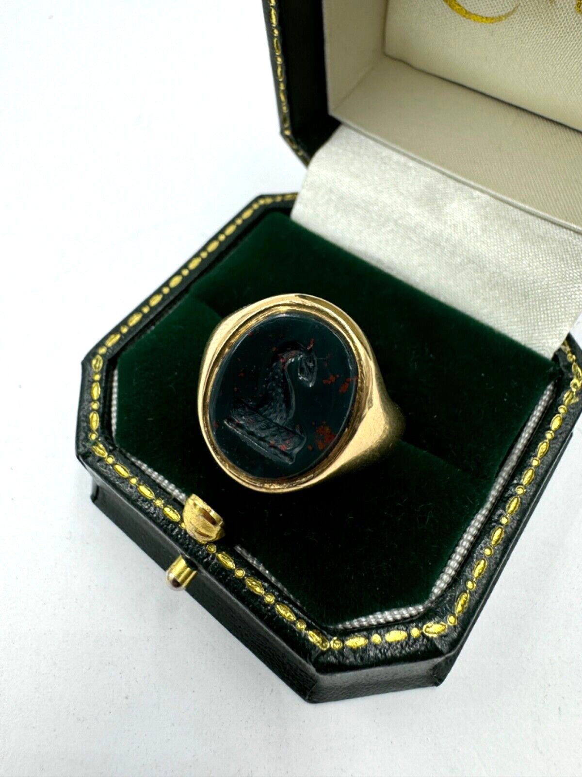 Antique London BloodStone Dragon Signet Ring 18k Circa 1918